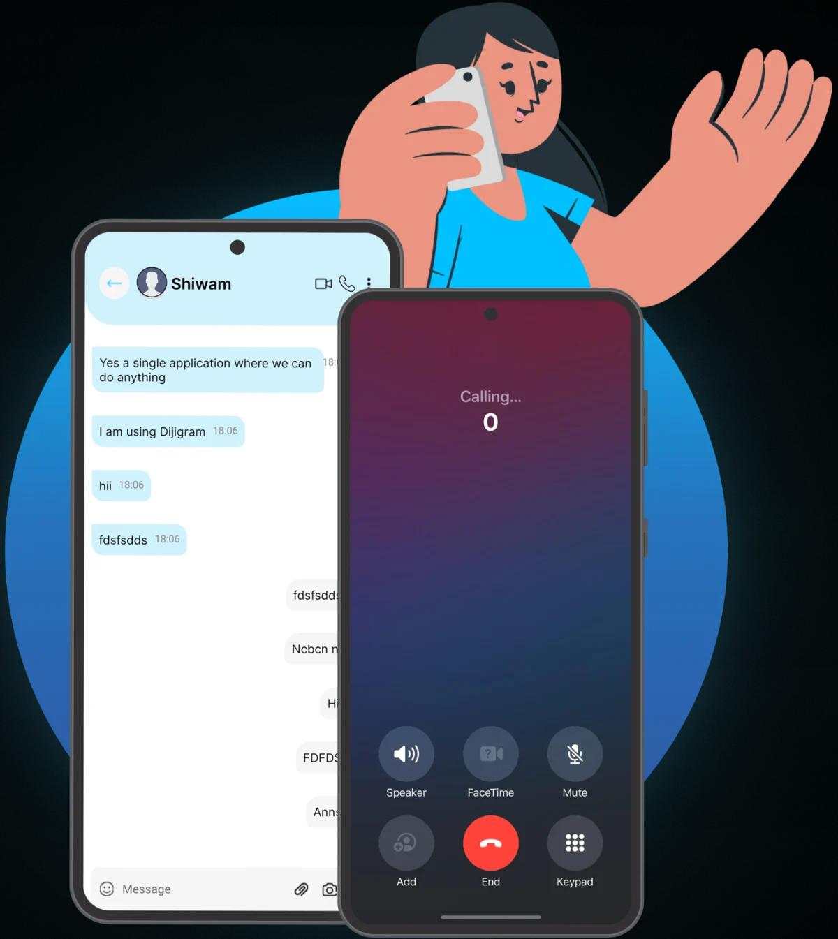 Dijigram chat and voice calling screens