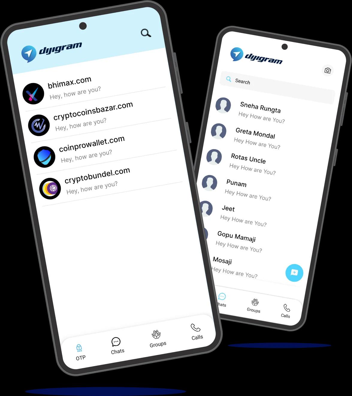 Dijigram app interface showing secure chats on a smartphone